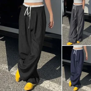 Elegant Stripe Wide Leg Pants with Color Block Design
