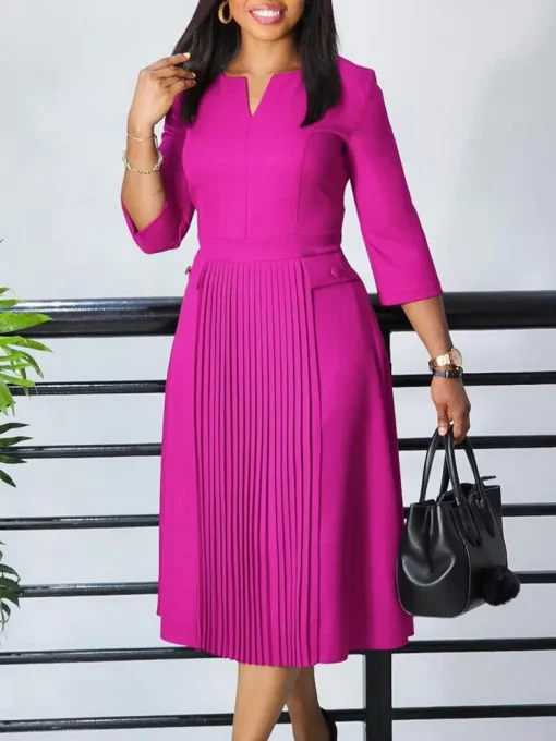 Plus Size Solid Color V-Neck Midi Dress for Women