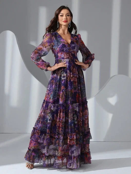 Casual Elegant Boho Floral Print Long Sleeve Maxi Dress - Image 5