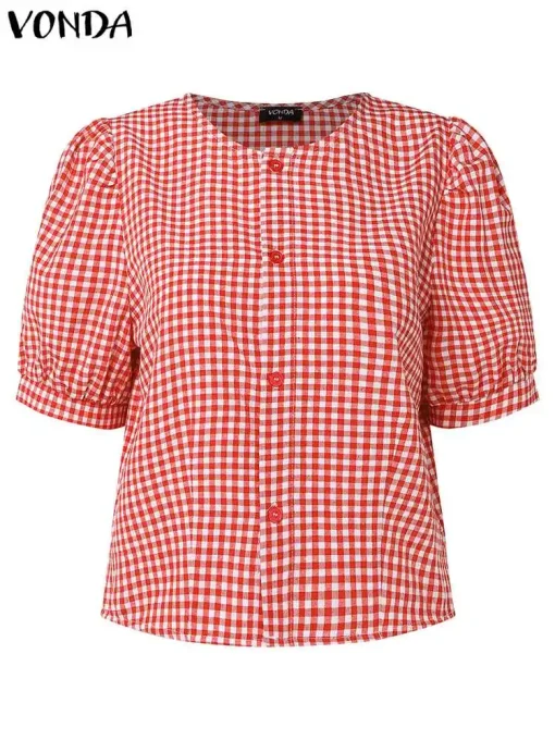 Vintage Plaid Short Sleeve Blouses for Women - Image 4