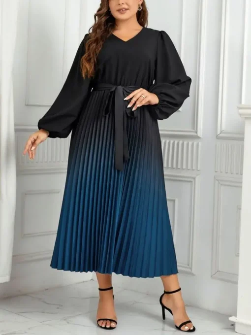 Plus Size Elegant Black Linen Long Sleeve Lace Dress - Image 2