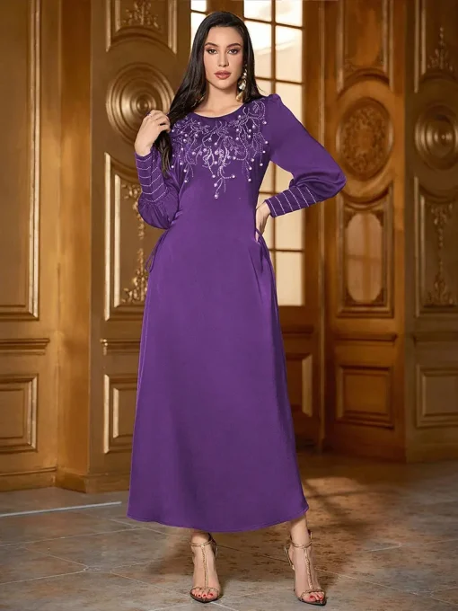 Women's Ankle-Length Beaded Dress with Flared Sleeves - Image 3