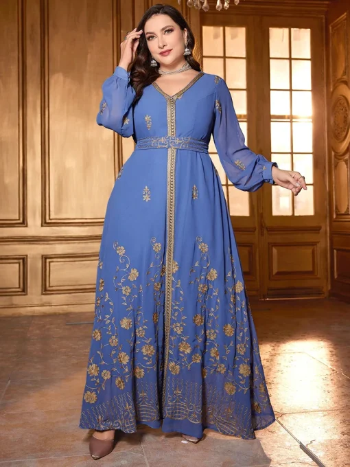 Plus Size Embroidered Lantern Sleeve Applique Maxi Dress