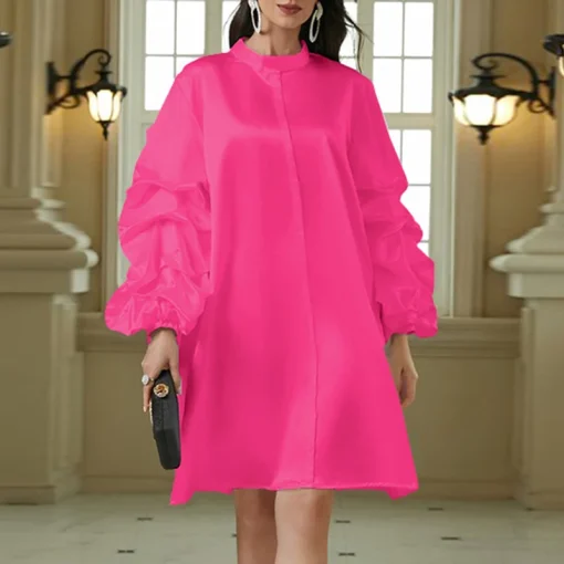 Elegant Satin Ruffled Dress with Long Sleeves and Stand Collar