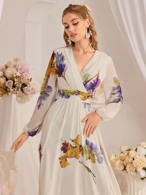 Elegant Floral Print V-Neck Lantern Sleeve High Waist Dress - Image 3