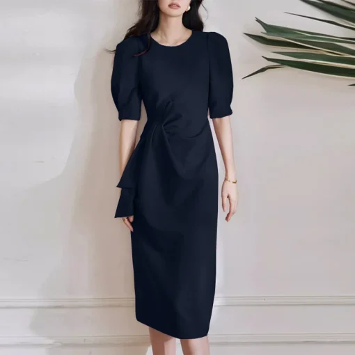 Women’s Elegant Puff Sleeve Solid Color Midi Dress - Image 6