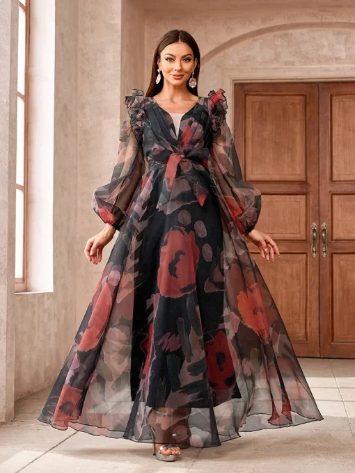 Floral Printed Lantern Sleeve Long Dress with Ruffled Hem - Image 4