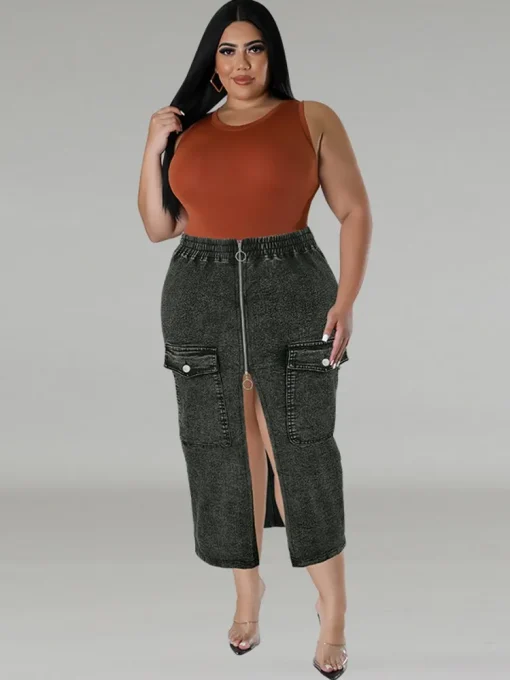 Plus Size High Waist Slit Denim Pencil Skirt