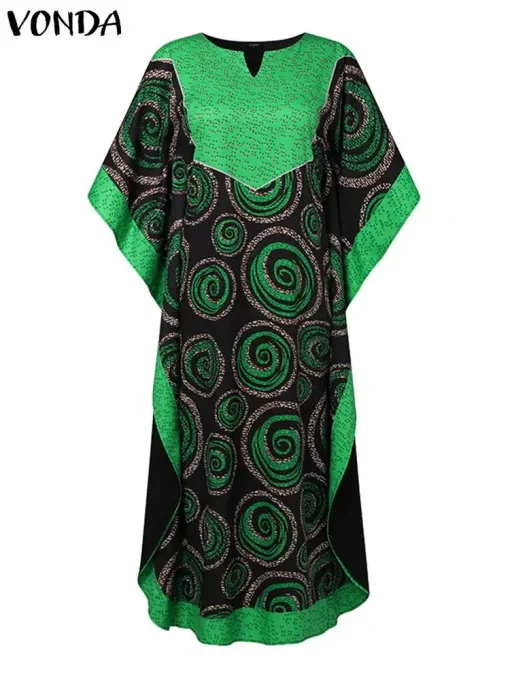 Plus Size Bohemian V-Neck Maxi Dress, Bat Sleeve - Image 2