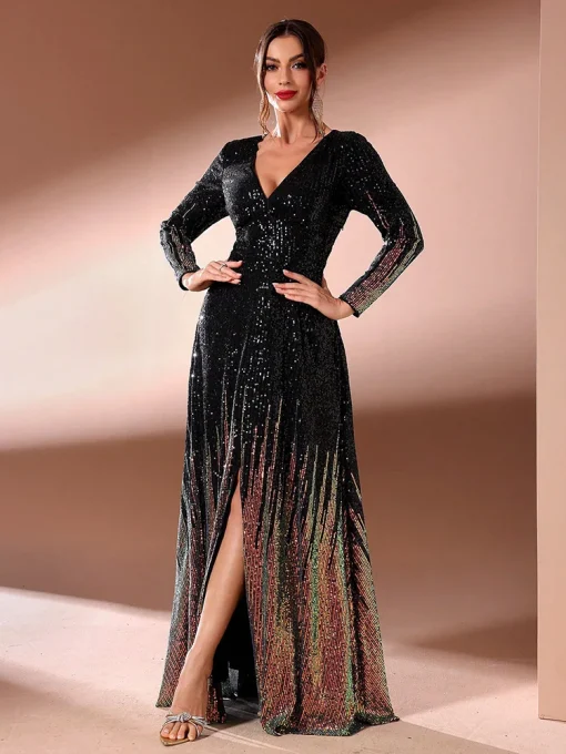 Women Split Hem Long Sleeve Evening Gown Dress