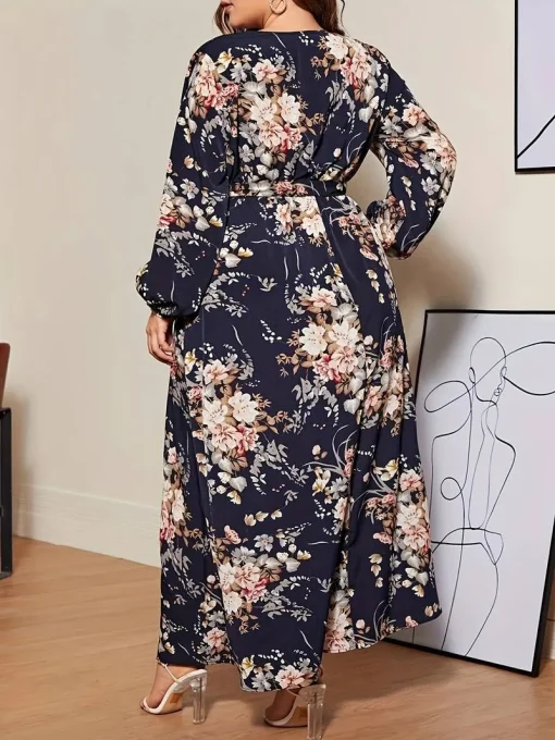 Elegant Plus Size Floral V-Neck Long Sleeve Evening Dress - Image 3