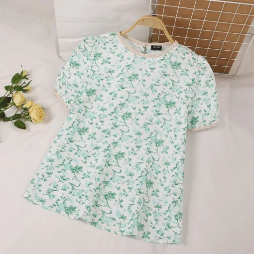 Women’s Elegant Floral Printed Short Sleeve Blouse