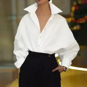 Plus Size Elegant Long Sleeve Lapel Neck Blouse