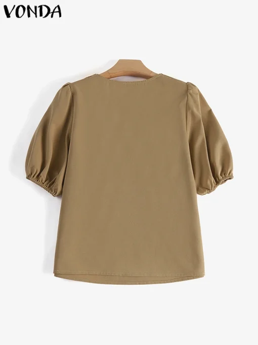 Summer V-Neck Pleated Blouse with Puff Sleeves - Image 3