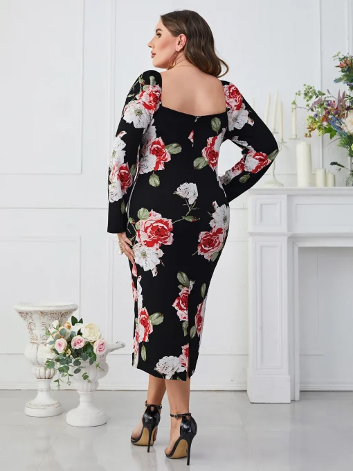 Elegant Plus Size Floral Party Dress with Long Sleeves