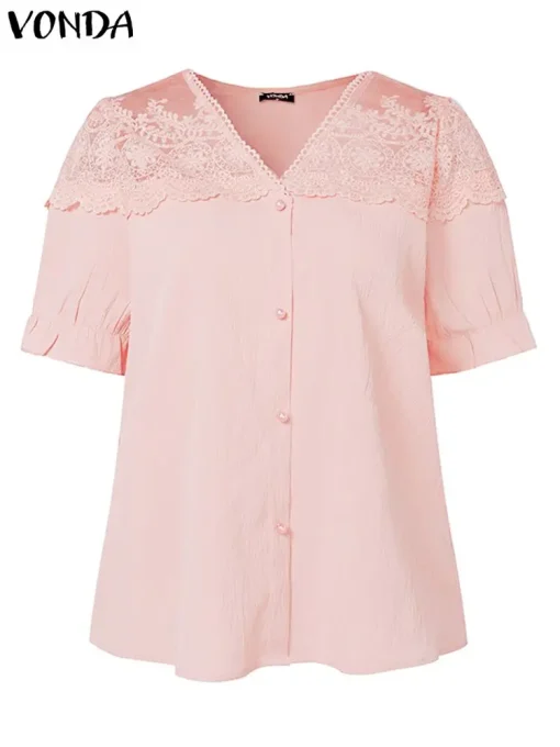 Women’s Elegant Lace Puff Sleeve Office Blouse - Image 2