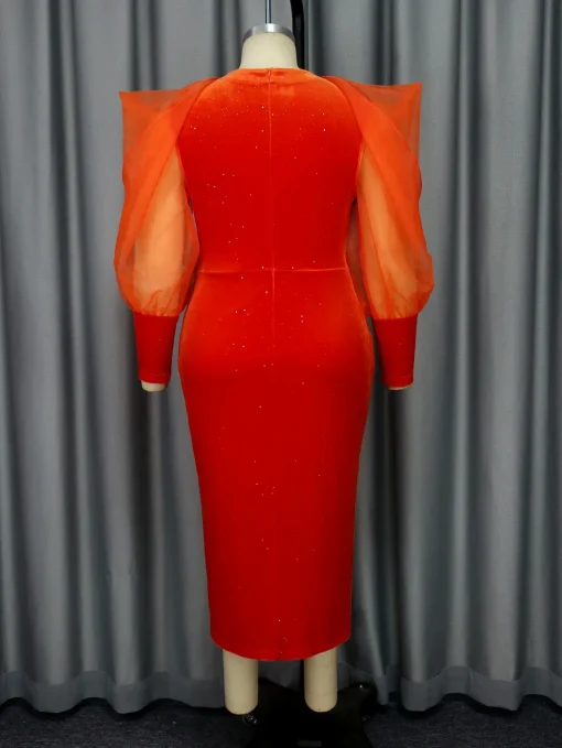 Orange Velvet Bodycon Dress with Mesh Long Sleeves - Image 4