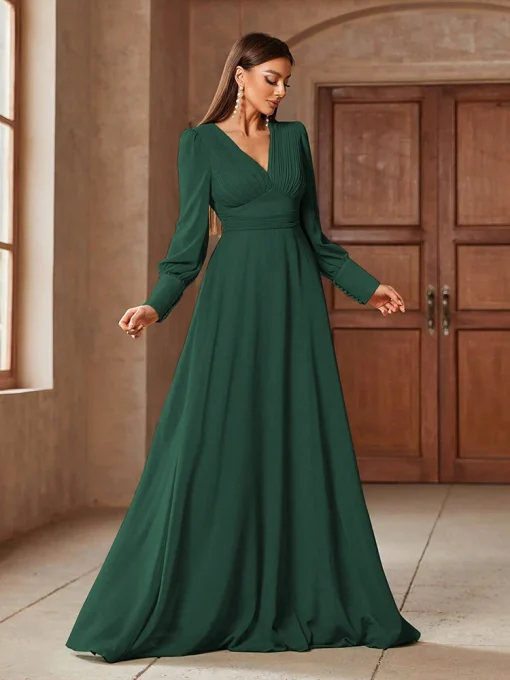 Simple V-Neck Solid Color Long Sleeve Formal Party Dress - Image 2