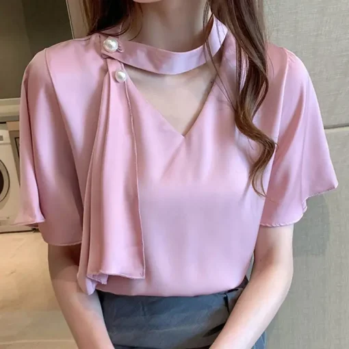 Elegant Satin Blouse with Tie Short Sleeves - Image 6