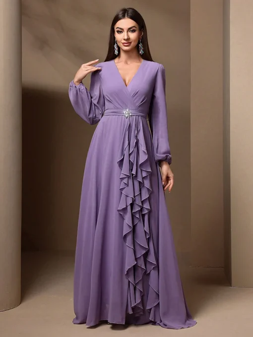 Elegant Draped Ruffle Maxi Dress with Rhinestone Detail - Image 3