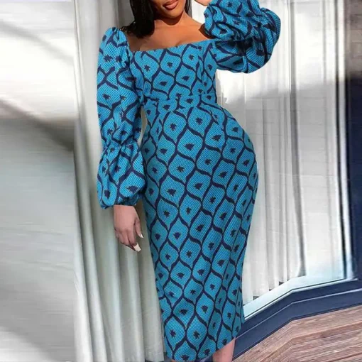 Bohemian Printed Midi Dress with Lantern Sleeves - Image 6