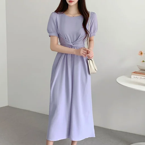 Women’s Pleated Solid Color Belted Summer Midi Dress