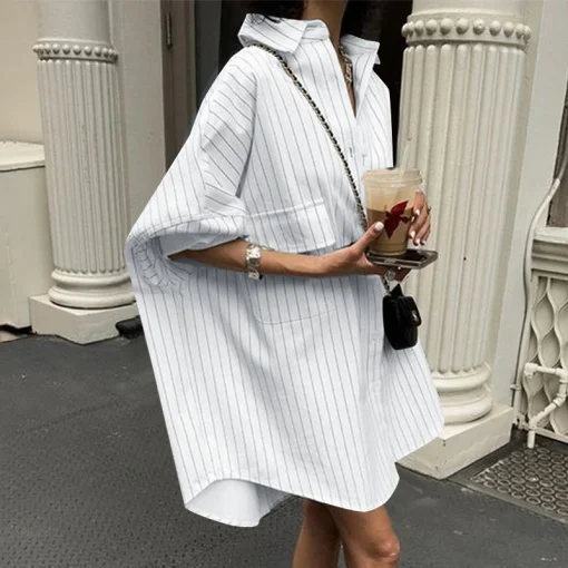 Plus Size Casual Stripe Splicing Shirt Dress - Image 6