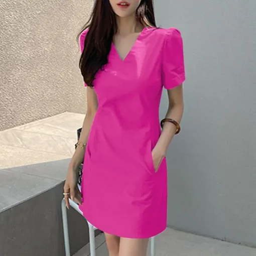 Casual Summer Mini Dress with Puff Sleeves and Zipper - Image 5