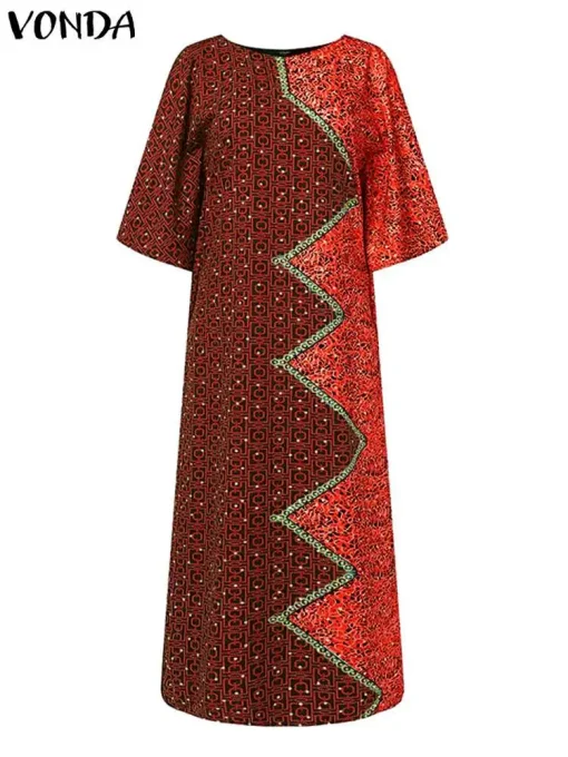 Women Elegant Printed Maxi Dress Bohemian Bat-Wing Sleeve - Image 2