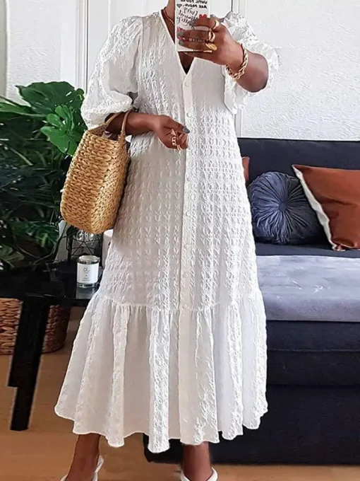 Women's Summer Casual Loose V-Neck Puff Sleeve Maxi Dress