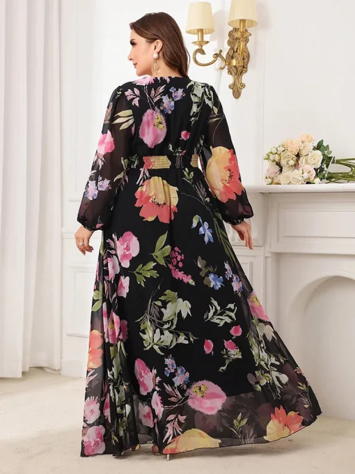 Plus Size Floral Printed V-Neck Long Sleeve Maxi Dress - Image 2