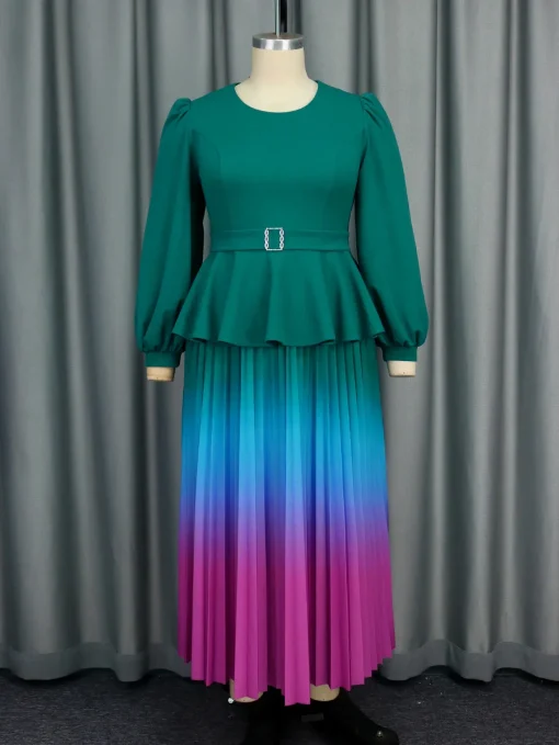 Modest Plus Size Maxi Gradient Pleated Peplum Dress - Image 2