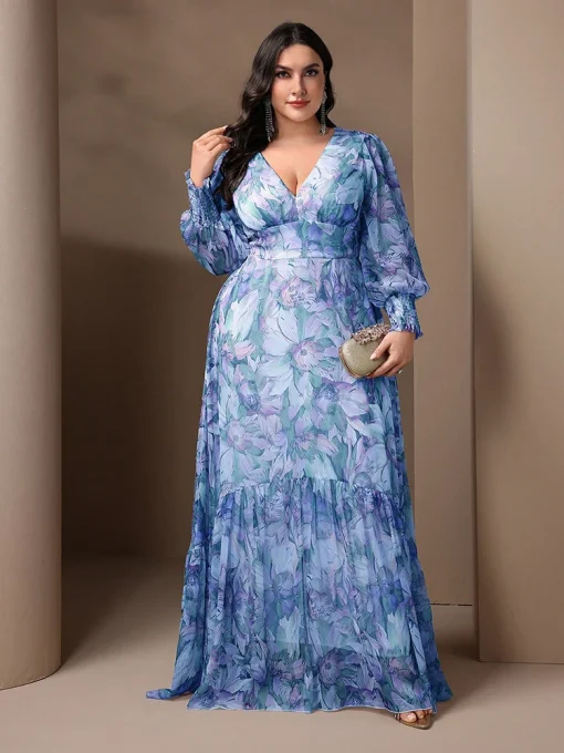 Plus Size Floral Print V-Neck Lantern Sleeve Ruffle Dress - Image 2