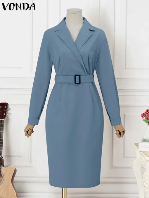 Elegant Women’s Belted Long Sleeve Midi Shirt Dress - Image 2