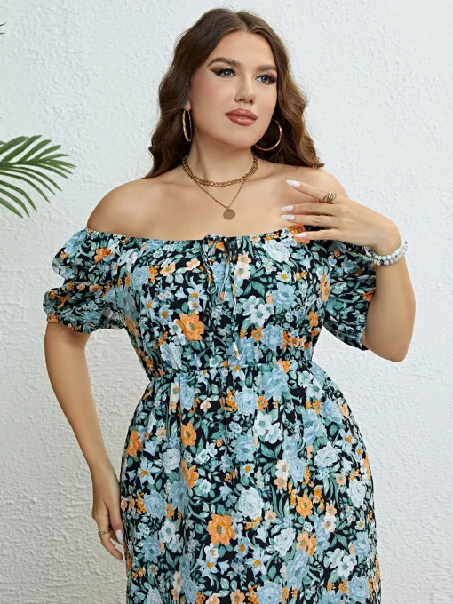 Elegant Plus Size One Shoulder Floral Split Party Dress - Image 6