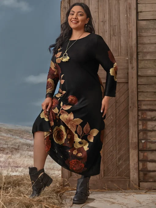 Plus Size Floral Print Long Sleeve Casual Maxi Dress - Image 2