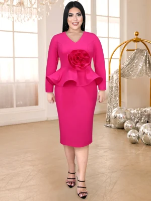 Modest Rose Autumn Evening Dress with Ruffle and Flowers