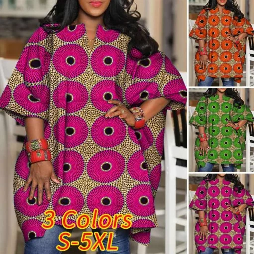 Plus Size Bohemian Printed V-Neck Blouse with Bat Sleeves - Image 6