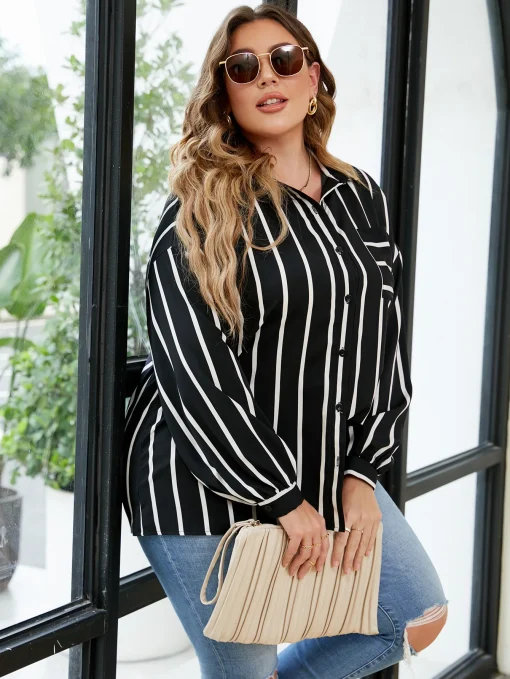 Elegant Plus Size Stripe Lapel Loose Blouse for Women - Image 3