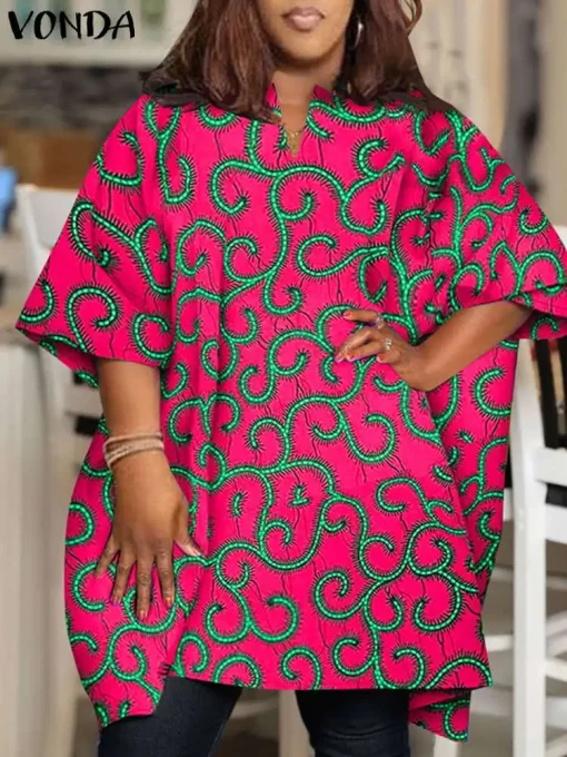 Bohemian Printed Plus Size Blouse with Half Sleeves - Image 2