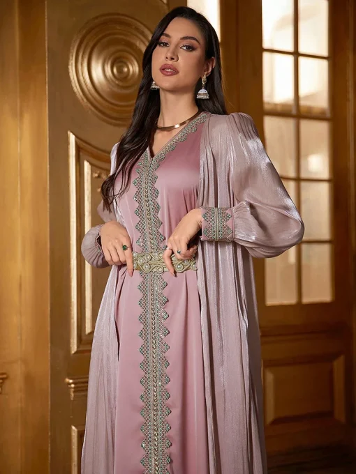 Luxury Elegant Floral Applique Long Sleeve Kaftan Party Dress - Image 5