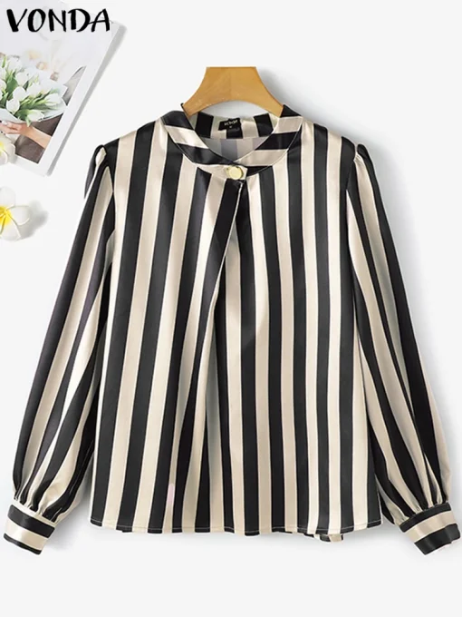 Plus Size Elegant Striped Lantern Sleeve Blouse for Women - Image 2