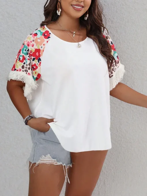 Plus Size Women's Floral Graphic T-Shirt with Tassel - Image 2