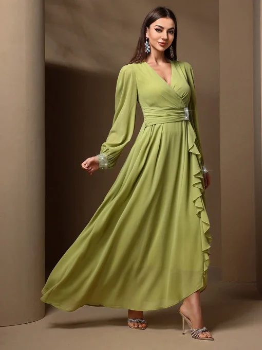 Elegant Draped Maxi Dress with Ruffles and Rhinestones - Image 3