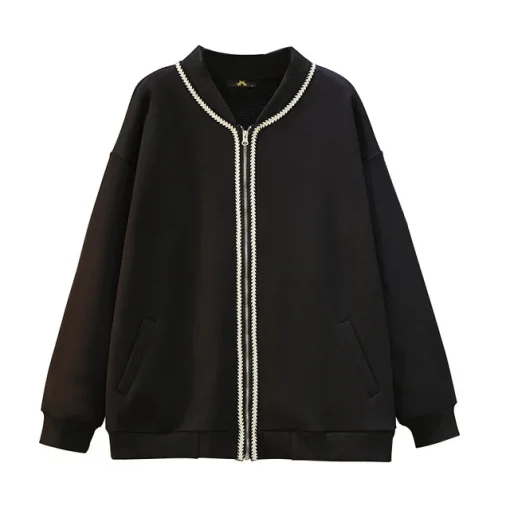 Plus Size Women's Loose Black Velvet Zipper Jacket - Image 6