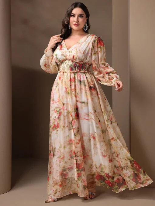 Plus Size Shirred Floral Print Long Sleeve Maxi Dress - Image 6