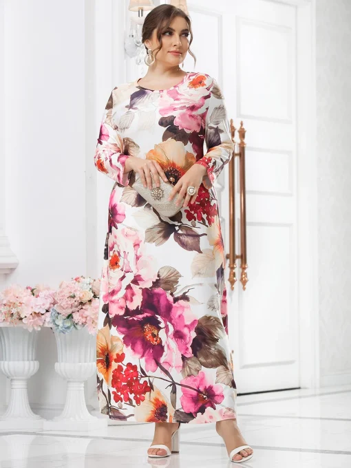 Plus Size White Floral Print Long Sleeve Maxi Dress - Image 2