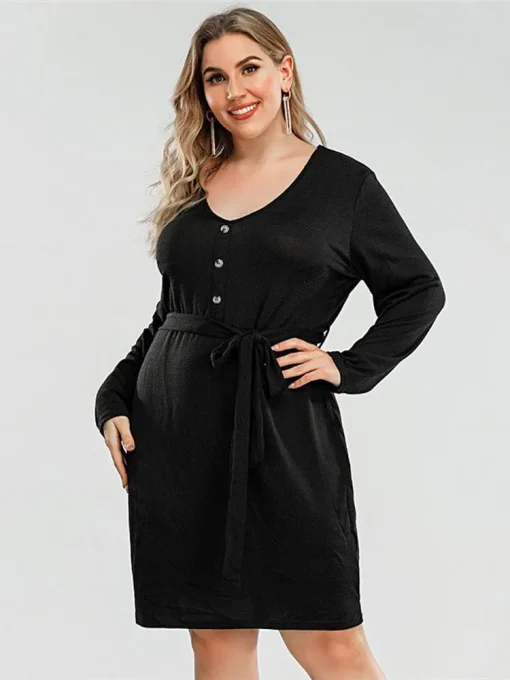 Elegant Plus Size Black V-Neck Belted Summer Dress