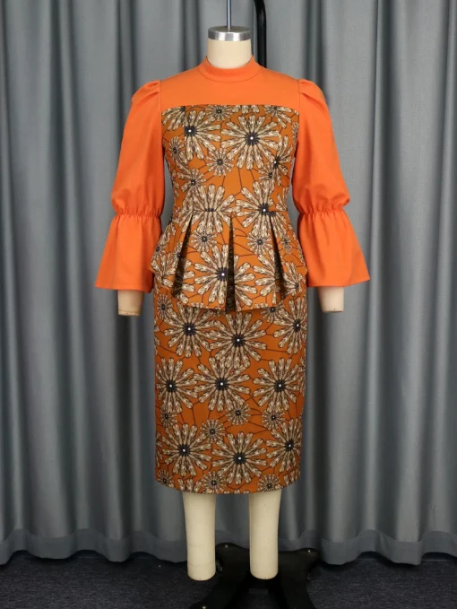 Orange Petal Printed Bodycon Midi Dress with Bell Sleeves - Image 2