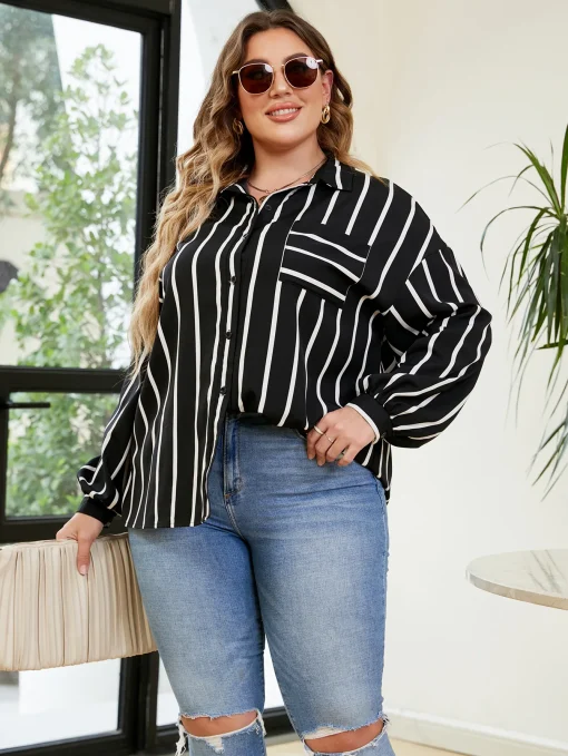 Elegant Plus Size Stripe Lapel Loose Blouse for Women